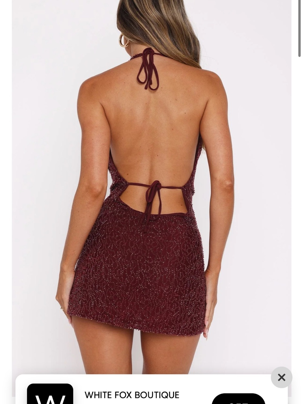 White Fox Boutique Wine Beaded Backless Halter Mini Dress